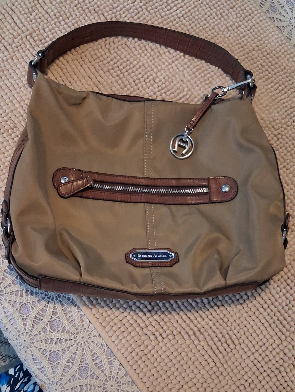 Etienne Aigner Olive/Tan Nylon Hobo with Brown Leather Trim